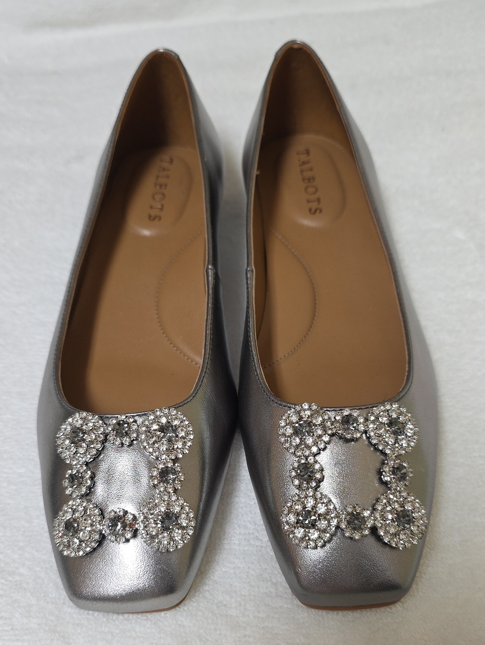 Talbots Metallic Gray/Silver Ballet Flats with Crystal Buckle
